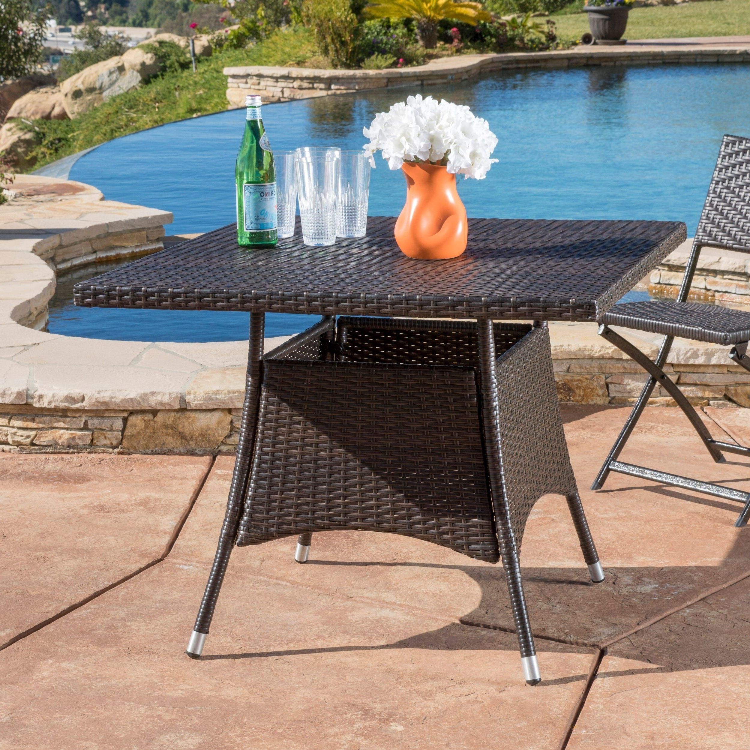 Dellaney 35'' Iron Dining Tables In Most Up To Date Corsica Outdoor Wicker Square Dining Table (only) (Gallery 20 of 20)