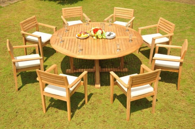 Dsmt Grade A Teak 9 Pc Dining 72" Round Table 8 Stacking Pertaining To Trendy 72" L Breakroom Tables And Chair Set (View 13 of 20)