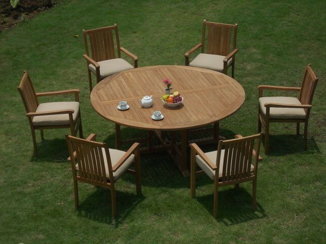 Fashionable 72" L Breakroom Tables And Chair Set With Cahyo Grade A Teak 7pc Dining 72" Round Table 6 Stacking (View 14 of 20)