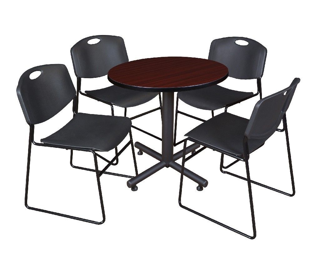Kobe 30" Round Breakroom Table In Mahogany & 4 Zeng Stack Throughout Trendy Round Breakroom Tables And Chair Set (View 1 of 20)