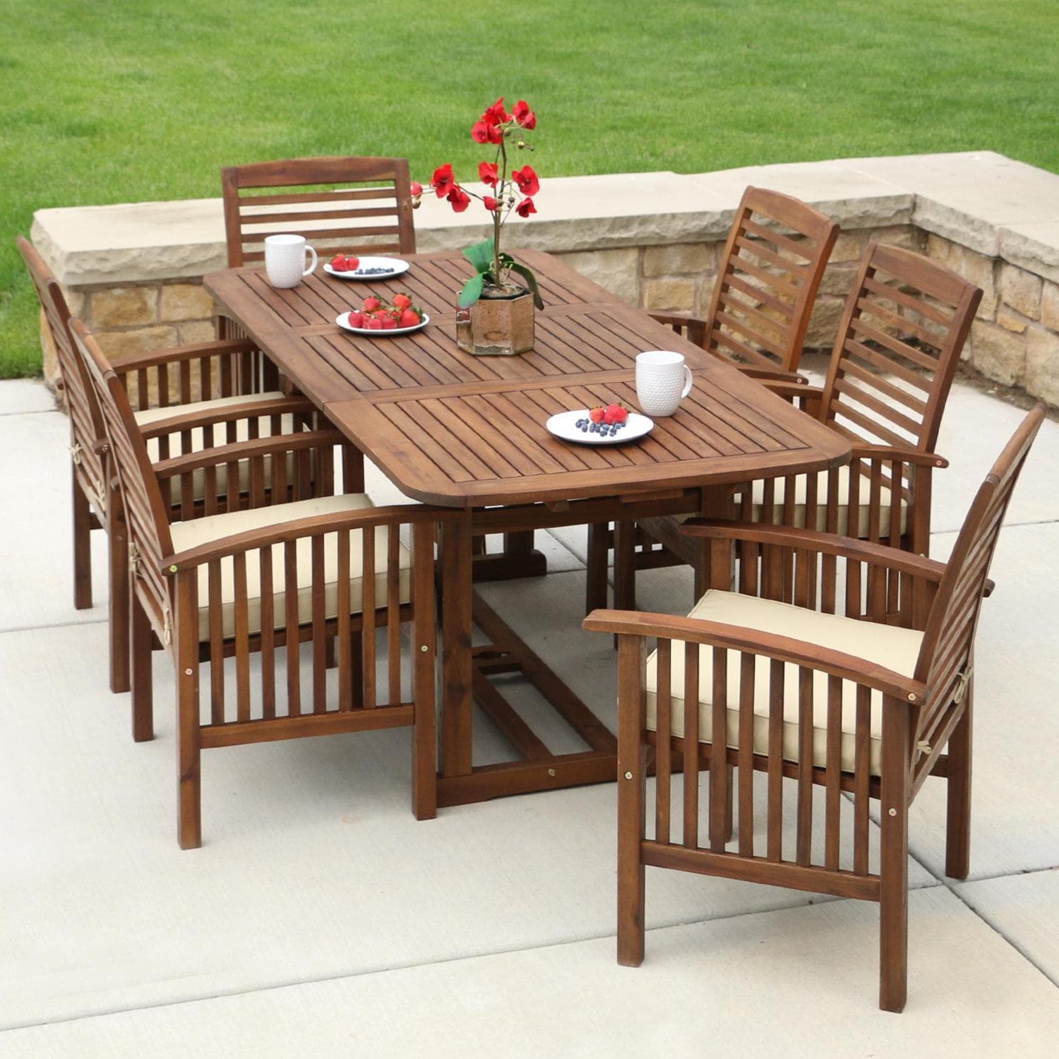 Midland 7 Piece Dark Brown Acacia Patio Dining Set W/ 55 X With Recent Eleni 35'' Dining Tables (View 15 of 20)