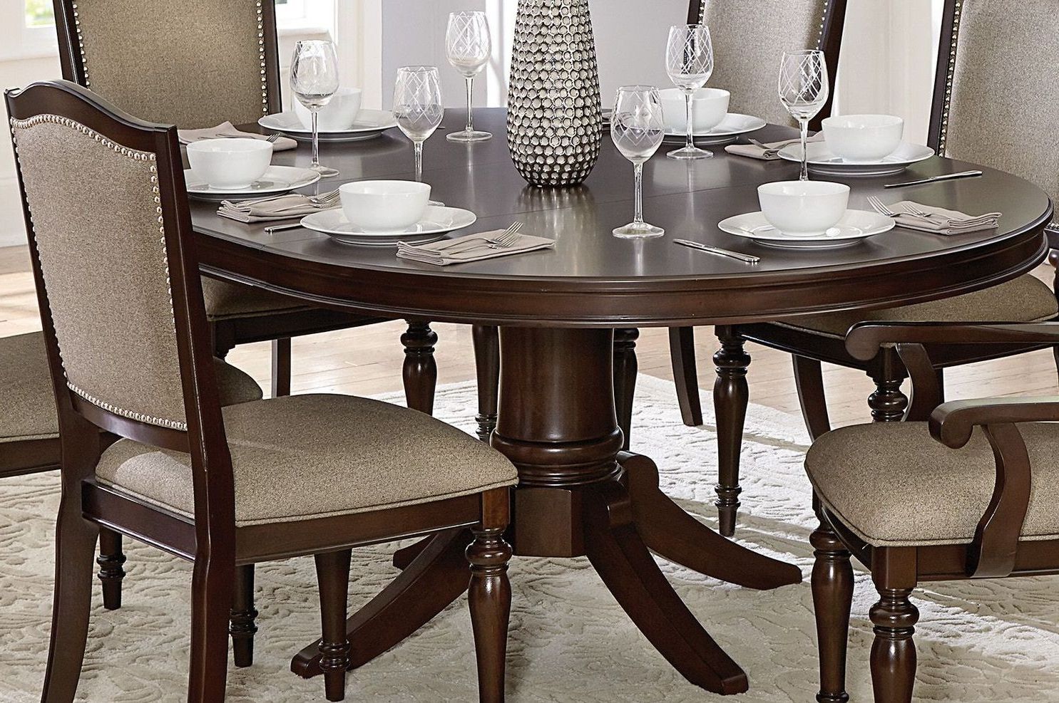 Most Current Marston Brown Pedestal Oval Extendable Dining Table From Regarding Jazmin Pedestal Dining Tables (Gallery 15 of 20)