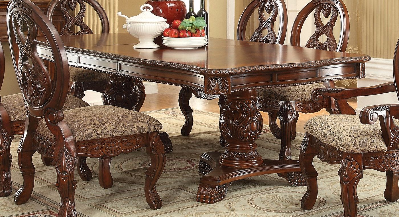 Most Recently Released Emiliano Traditional 5 Pc Cherry 80" 120" Double Pedestal Regarding Jazmin Pedestal Dining Tables (View 8 of 20)