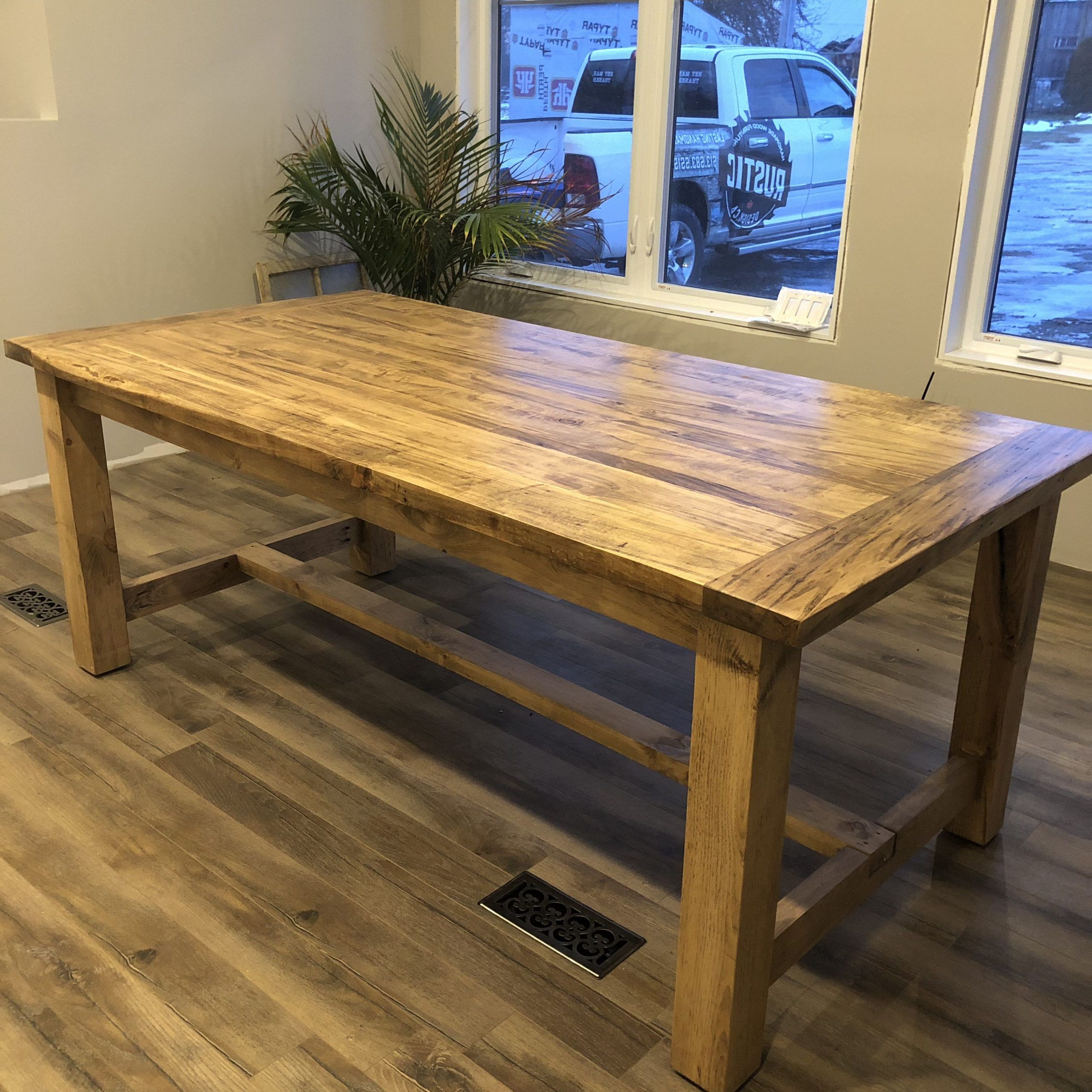 Our Classic Farm Style Table Features A 4 Post Pine Base Regarding Best And Newest Geneve Maple Solid Wood Pedestal Dining Tables (Gallery 19 of 20)