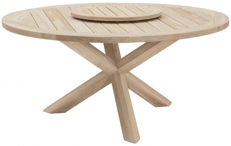 Popular Boca Gray Teak 63" Round Outdoor Dining Table With Lazy Intended For Bekasi 63'' Dining Tables (View 10 of 20)