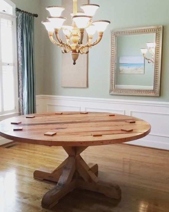 Round Pedestal Dining Table, Solid Wood, Oak, Pine, Rustic Intended For Preferred Finkelstein Pine Solid Wood Pedestal Dining Tables (View 4 of 21)