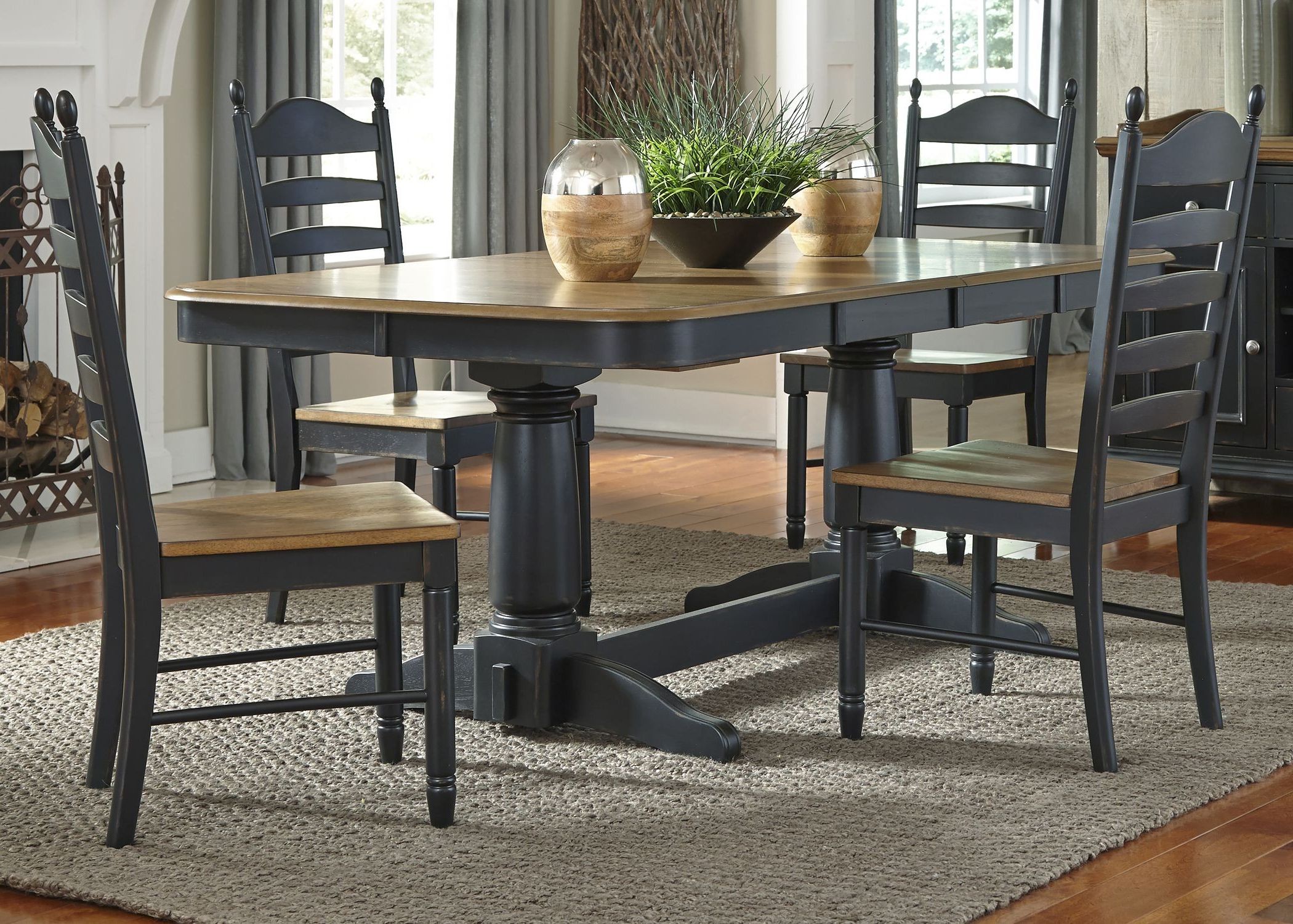 Springfield Ii Honey And Black Extendable Double Pedestal Within Popular 47'' Pedestal Dining Tables (View 10 of 20)