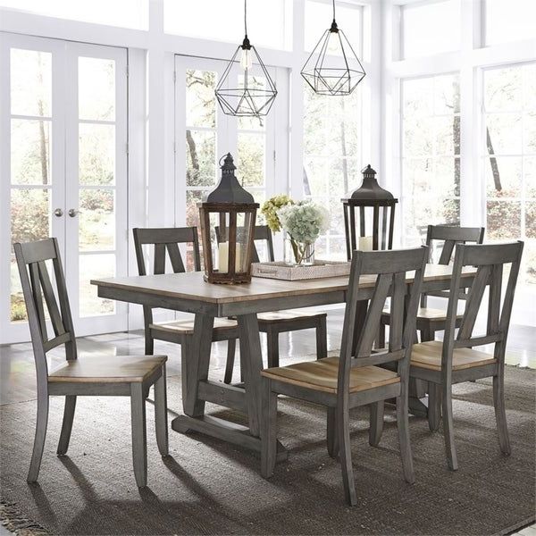 Well Known Babbie Butterfly Leaf Pine Solid Wood Trestle Dining Tables Pertaining To Shop Lindsey Farm 7 Piece Grey/sandstone Trestle Table Set (View 13 of 20)