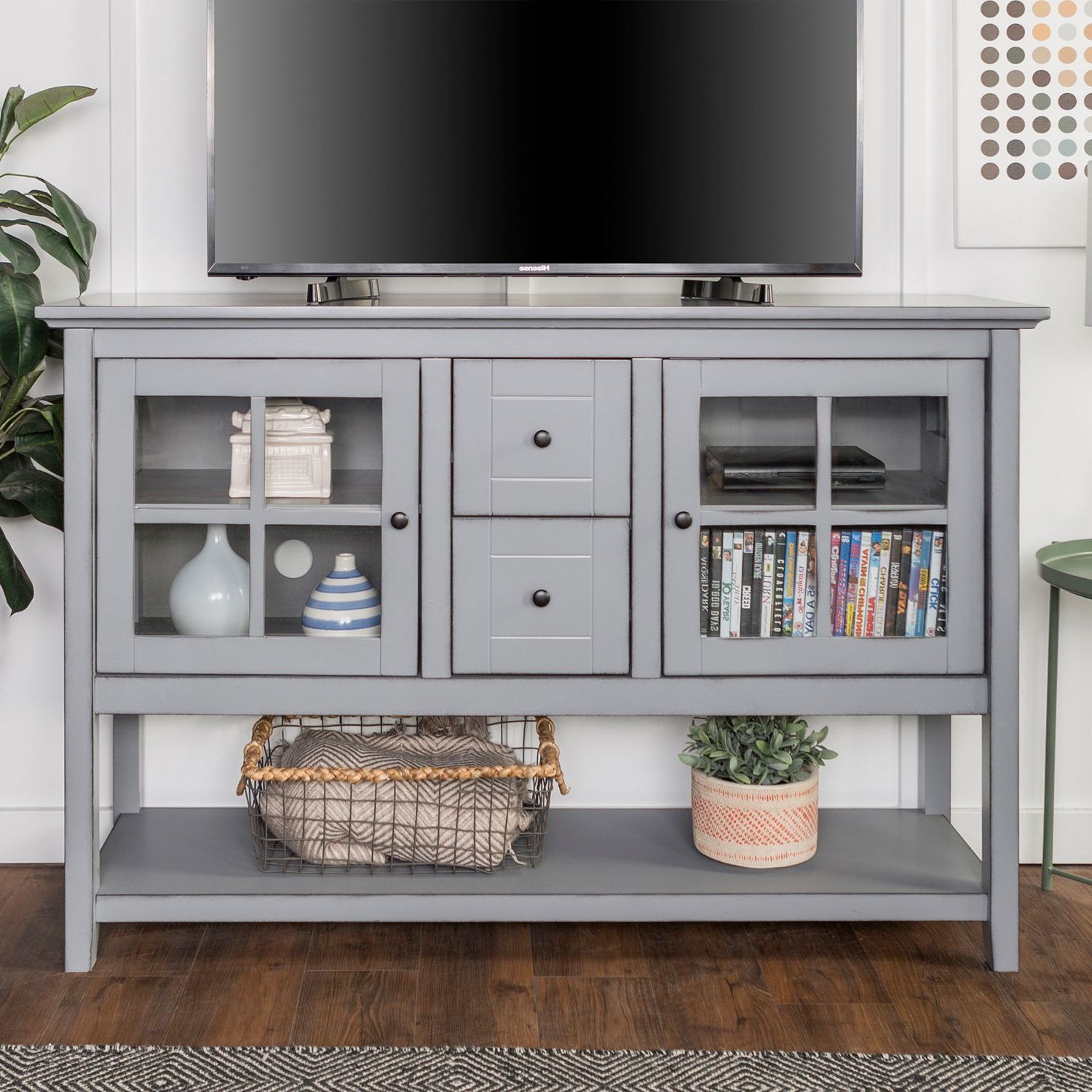 52" Antique Gray Tv Stand & Buffet | Living Room Tv Stand For Tv Stands With Table Storage Cabinet In Rustic Gray Wash (Gallery 4 of 20)
