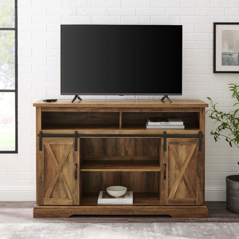52" Modern Farmhouse High Boy Wood Tv Stand With Sliding For Modern Sliding Door Tv Stands (Gallery 7 of 20)