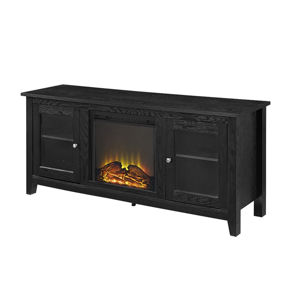 58" Black Wood Fireplace Tv Stand With Doors Pertaining To Modern Tv Stands In Oak Wood And Black Accents With Storage Doors (Gallery 20 of 20)