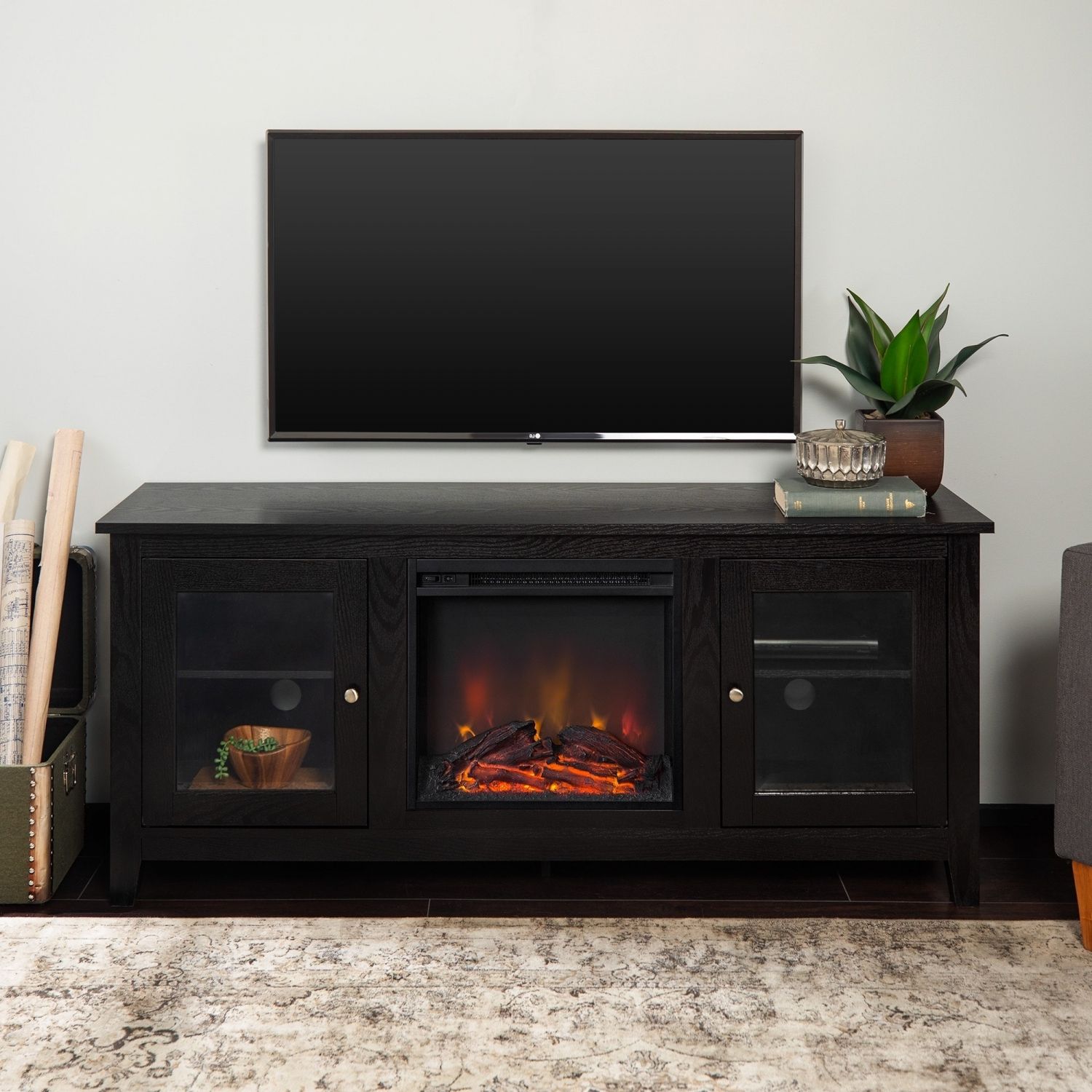 58 In Fireplace Tv Stand Console – Black | Ebay With Regard To Fireplace Media Console Tv Stands With Weathered Finish (View 3 of 20)
