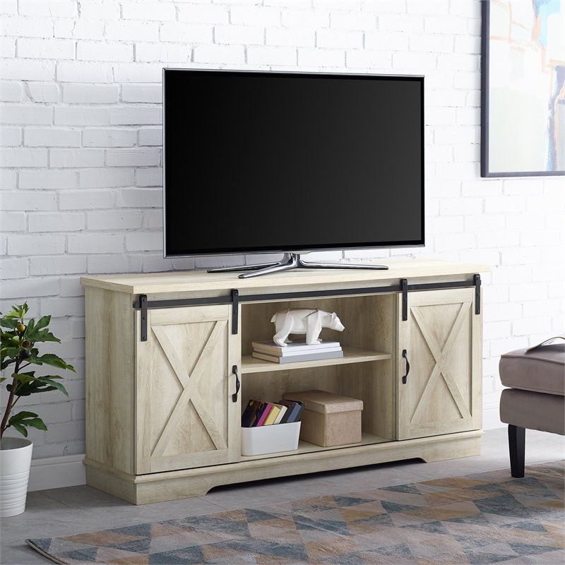 58" Modern Farmhouse Wood Tv Stand With Sliding Barn Doors Inside Jaxpety 58&quot; Farmhouse Sliding Barn Door Tv Stands (View 5 of 20)