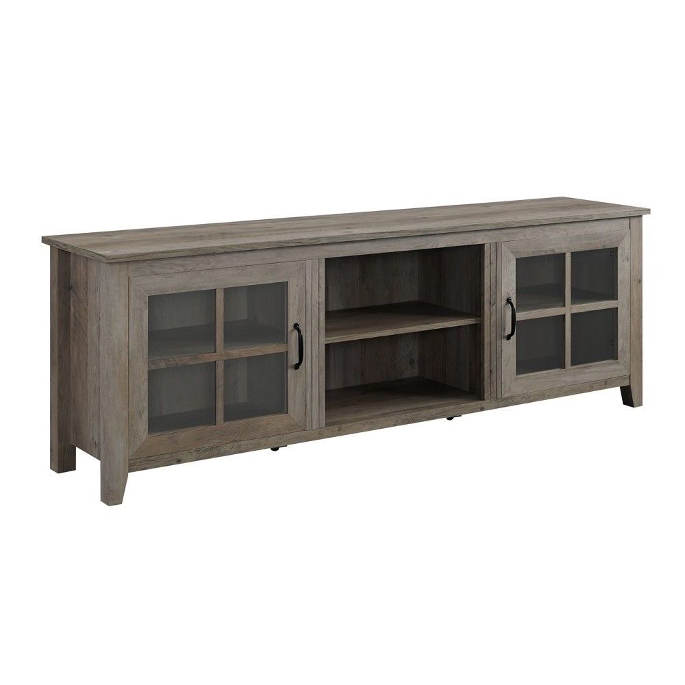 70" Farmhouse Wood Glass Door Tv Stand Gray Wash Intended For Walker Edison Farmhouse Tv Stands With Storage Cabinet Doors And Shelves (View 16 of 20)