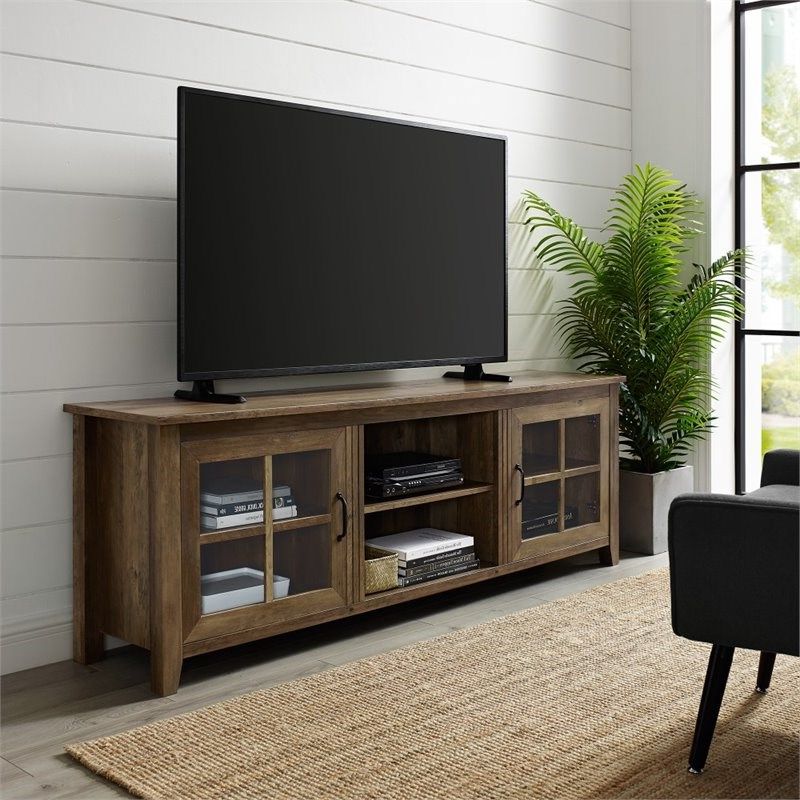 70" Farmhouse Wood Tv Stand With Glass Doors – Rustic Oak With Astoria Oak Tv Stands (View 2 of 20)