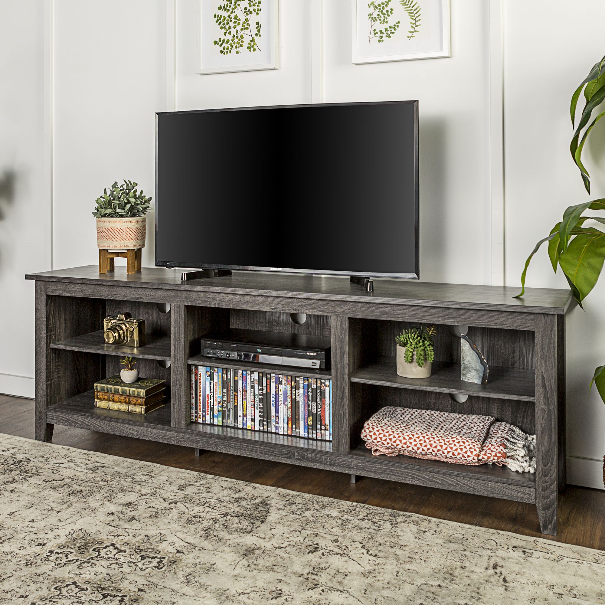 70" Wood Media Tv Stand Storage Console – Charcoal Throughout Tv Stands With Table Storage Cabinet In Rustic Gray Wash (Gallery 1 of 20)
