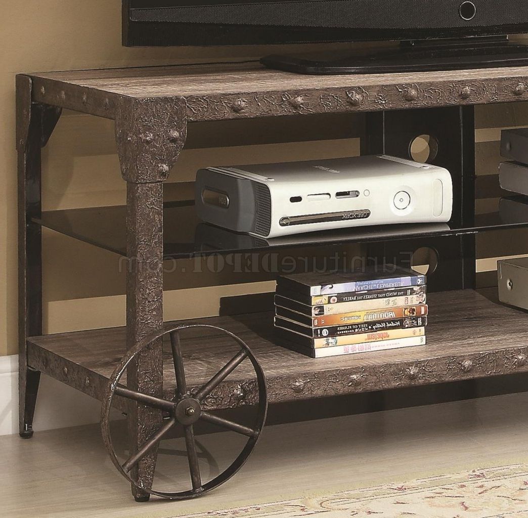 700216 Tv Stand In Browncoaster W/wagon Wheel Detail With Modern Black Tv Stands On Wheels With Metal Cart (Gallery 20 of 20)