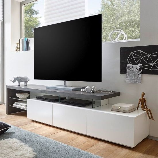 Alanis Modern Tv Stand In Concrete And Matt White With Regarding Lucas Extra Wide Tv Unit Grey Stands (Gallery 18 of 20)