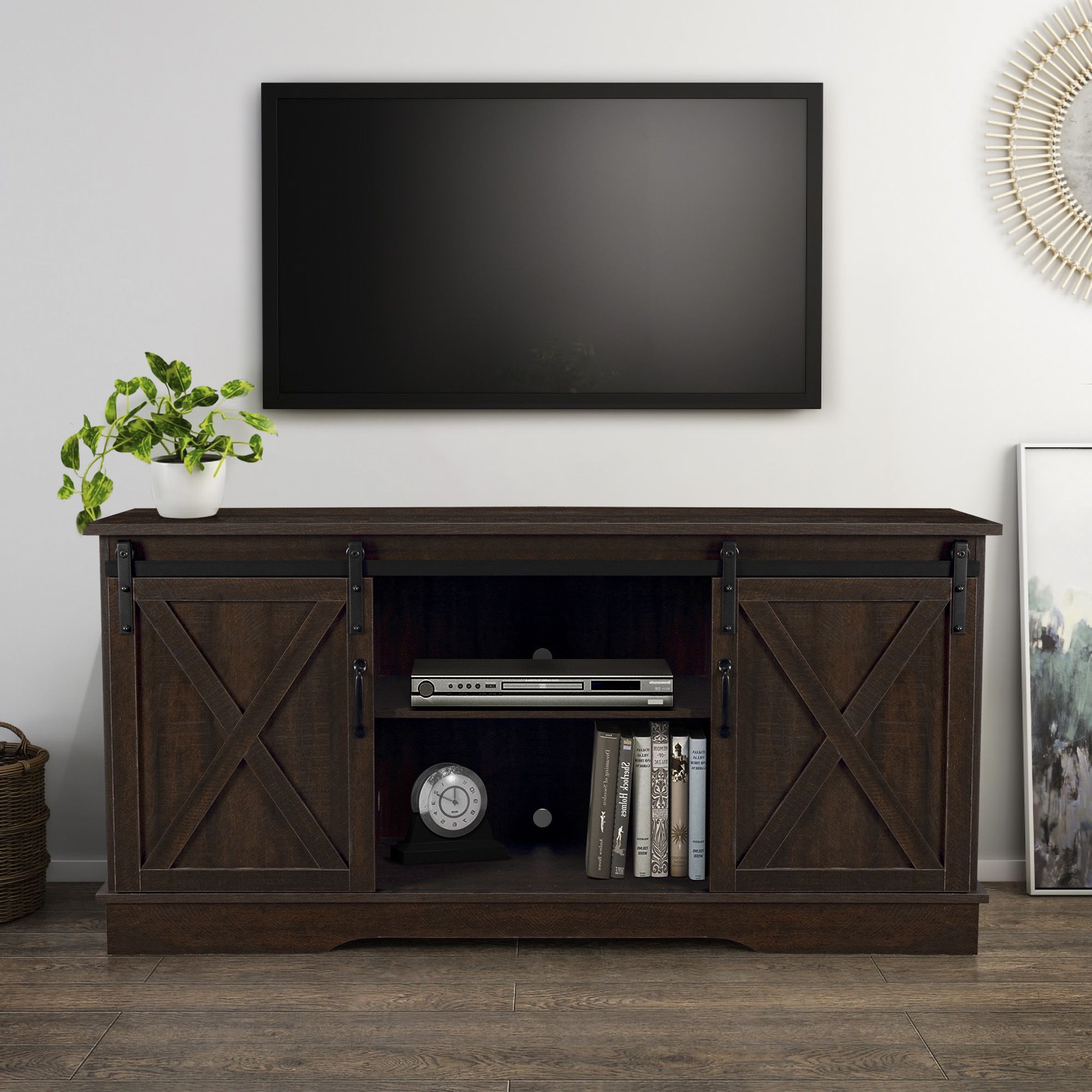 Belleze Modern Farmhouse Style 58 Inch Tv Stand With Pertaining To Modern Black Tabletop Tv Stands (View 8 of 20)