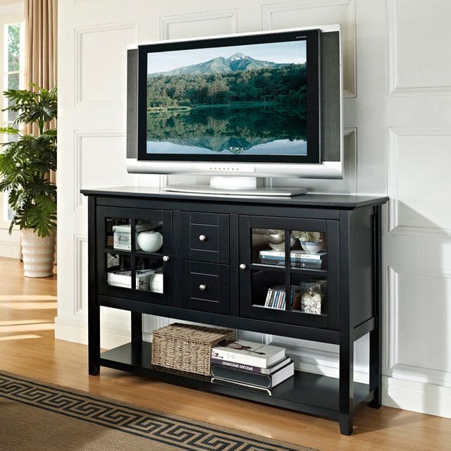 Black 52 Inch Wood Console Table Tv Stand – Contemporary Pertaining To Modern Tv Stands In Oak Wood And Black Accents With Storage Doors (Gallery 15 of 20)