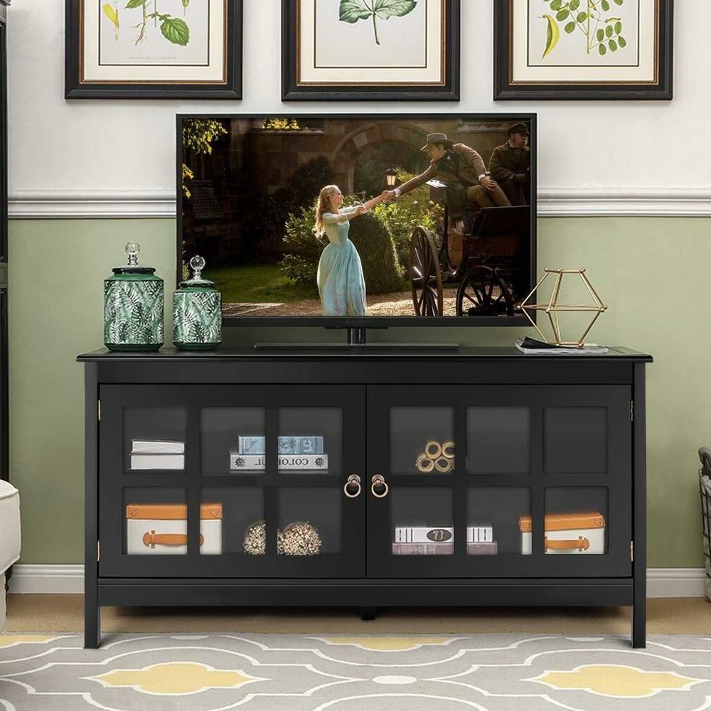 Black Buffet Console Sideboard Table 50" Tv Stand Media With Rfiver Black Tabletop Tv Stands Glass Base (Gallery 20 of 20)