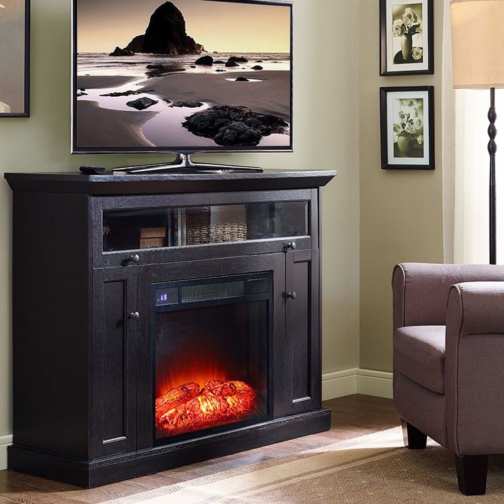 Black Fireplace Media Console Tv Stand Sliding Glass Door Regarding Modern 2 Glass Door Corner Tv Stands (Gallery 20 of 20)