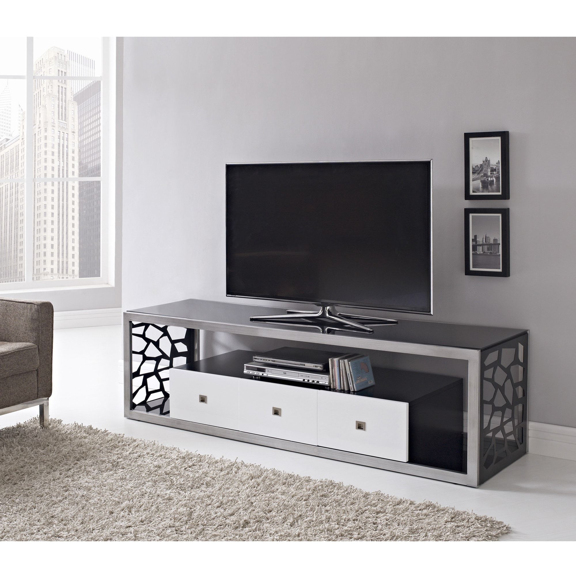 Black Glass Modern 70 Inch Tv Stand – Overstock™ Shopping Regarding Rfiver Modern Black Floor Tv Stands (View 11 of 20)