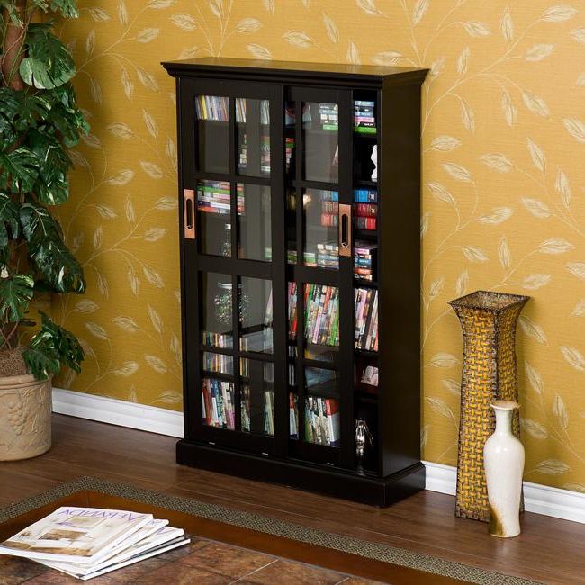 Bronson Black Sliding Door Media Storage Cabinet – Free For Dark Brown Tv Cabinets With 2 Sliding Doors And Drawer (Gallery 16 of 20)
