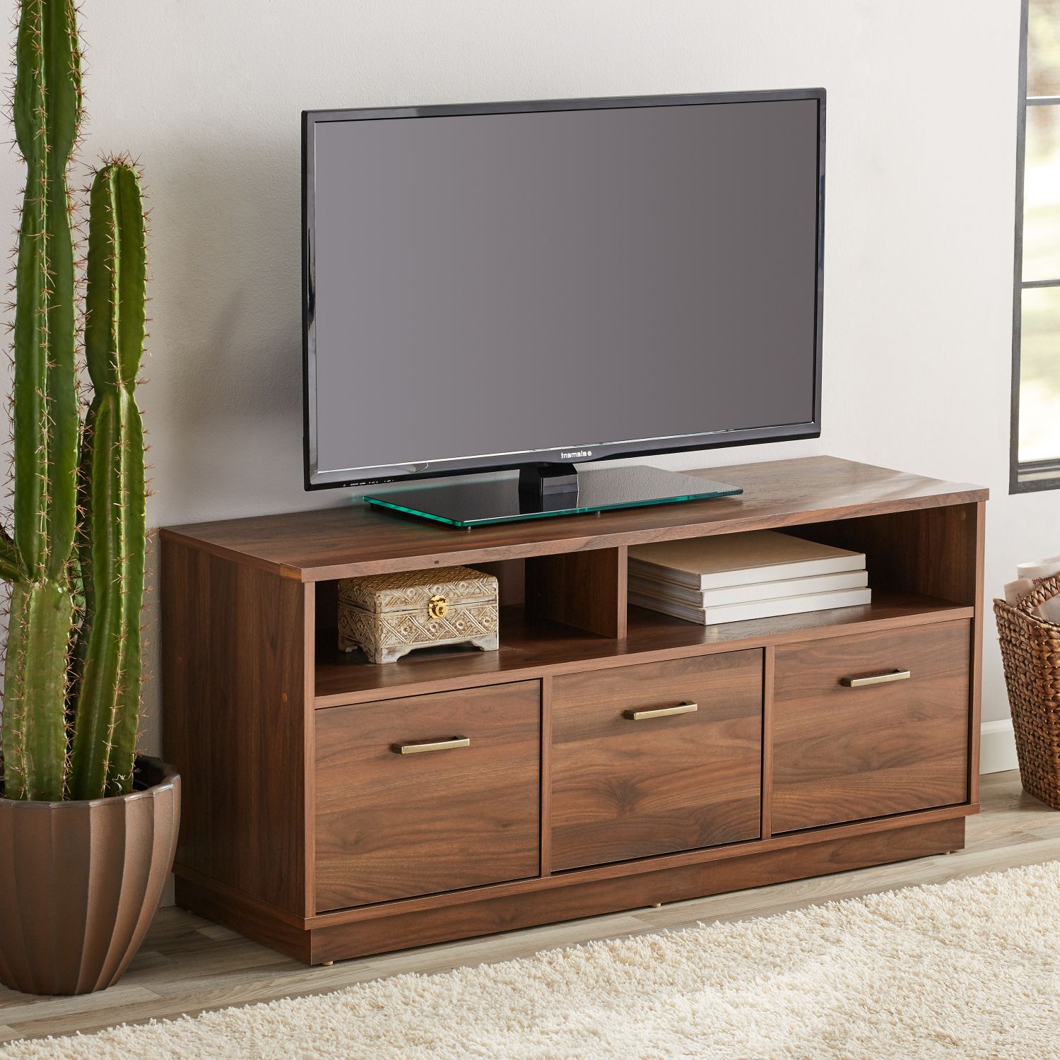Canyon Walnut 3 Door Tv Stand Console For Tvs Up To 50 In Tracy Tv Stands For Tvs Up To 50&quot; (View 2 of 20)