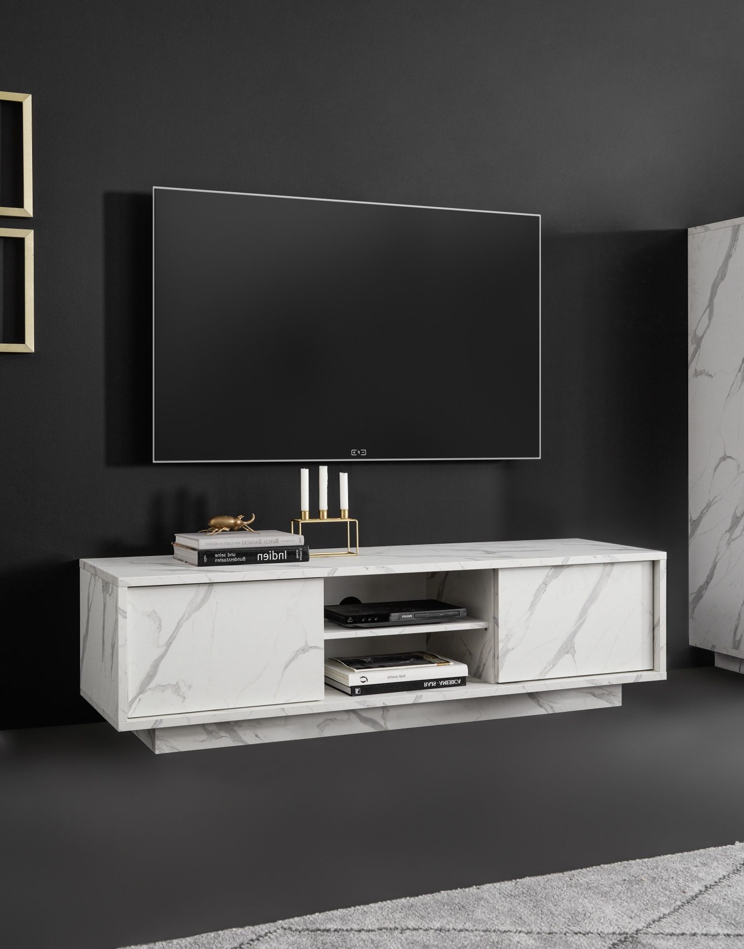Carrara 139cm Modern Tv Unit In White Marble Imitation Throughout Tv Stands With 2 Open Shelves 2 Drawers High Gloss Tv Unis (View 2 of 20)