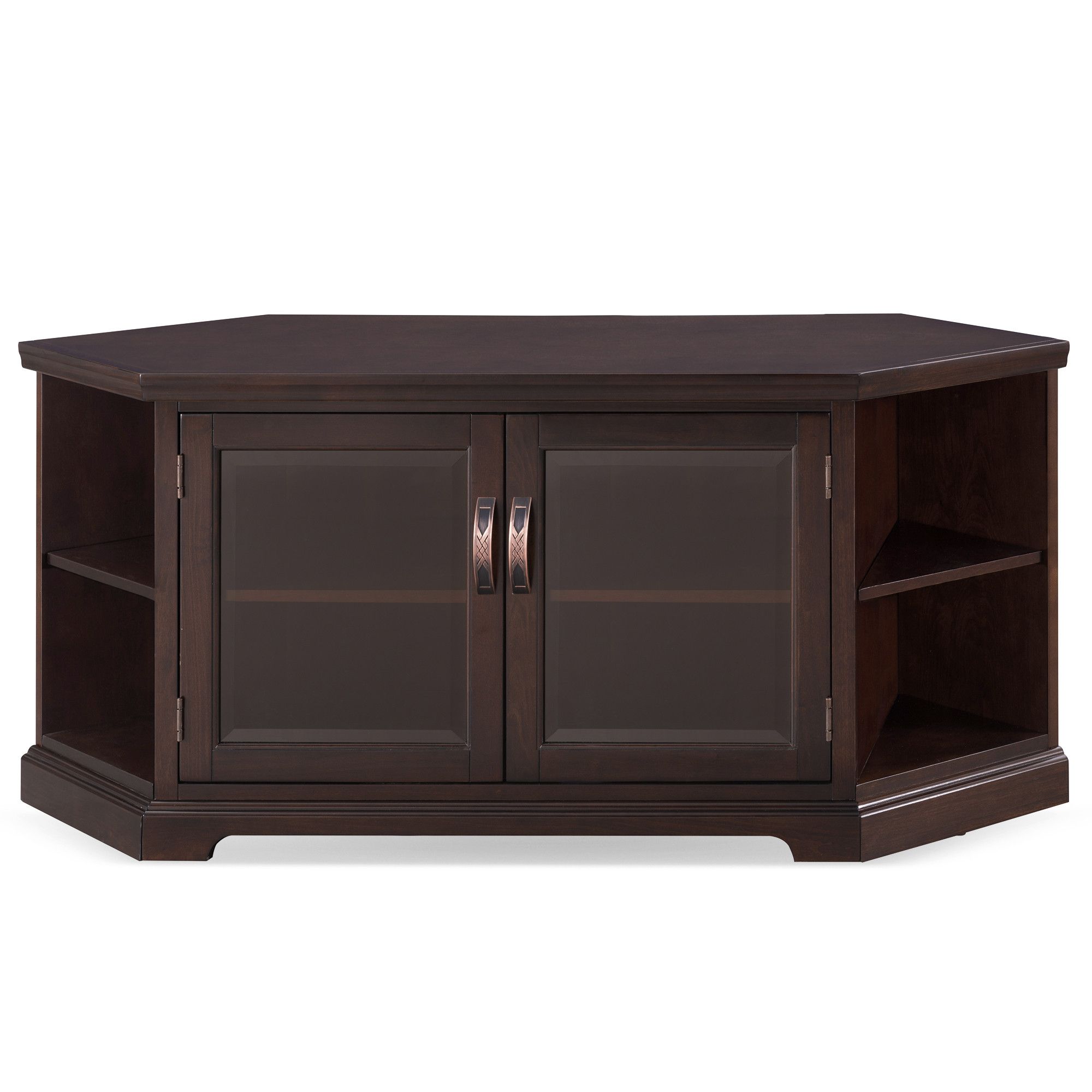 Chocolate Cherry & Bronze Glass Corner Tv Stand With Intended For Exhibit Corner Tv Stands (View 4 of 20)