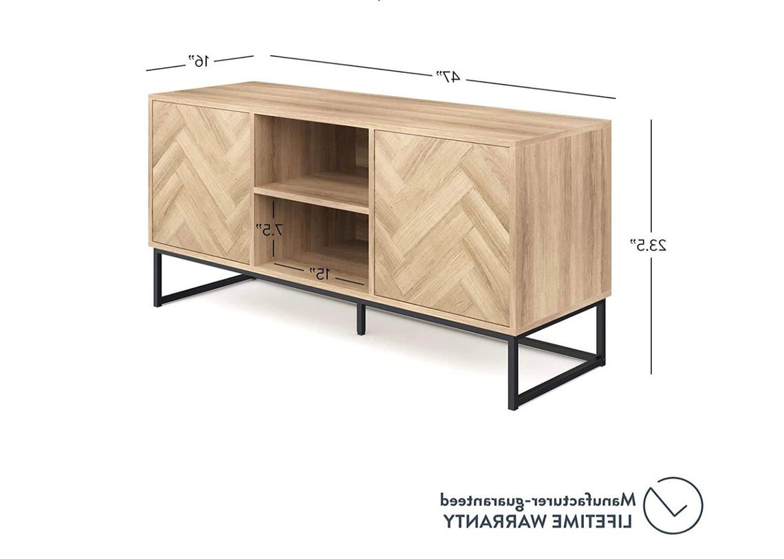 Console Cabinet Or Tv Stand With Doors For Hidden Storage Intended For Media Console Cabinet Tv Stands With Hidden Storage Herringbone Pattern Wood Metal (View 11 of 20)