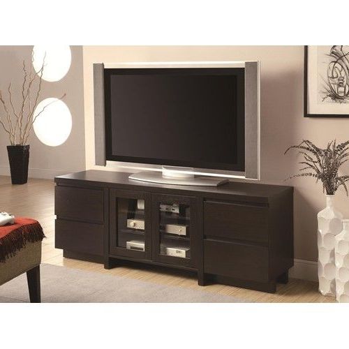 Contemporary Tv Console With 4 Drawers & 2 Glass Doors For Dark Brown Tv Cabinets With 2 Sliding Doors And Drawer (Gallery 1 of 20)