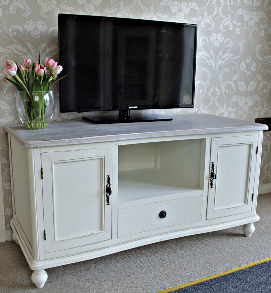 Cream Cottage Wooden Tv Unit Stand Solid Cupboard In Carbon Tv Unit Stands (Gallery 11 of 20)