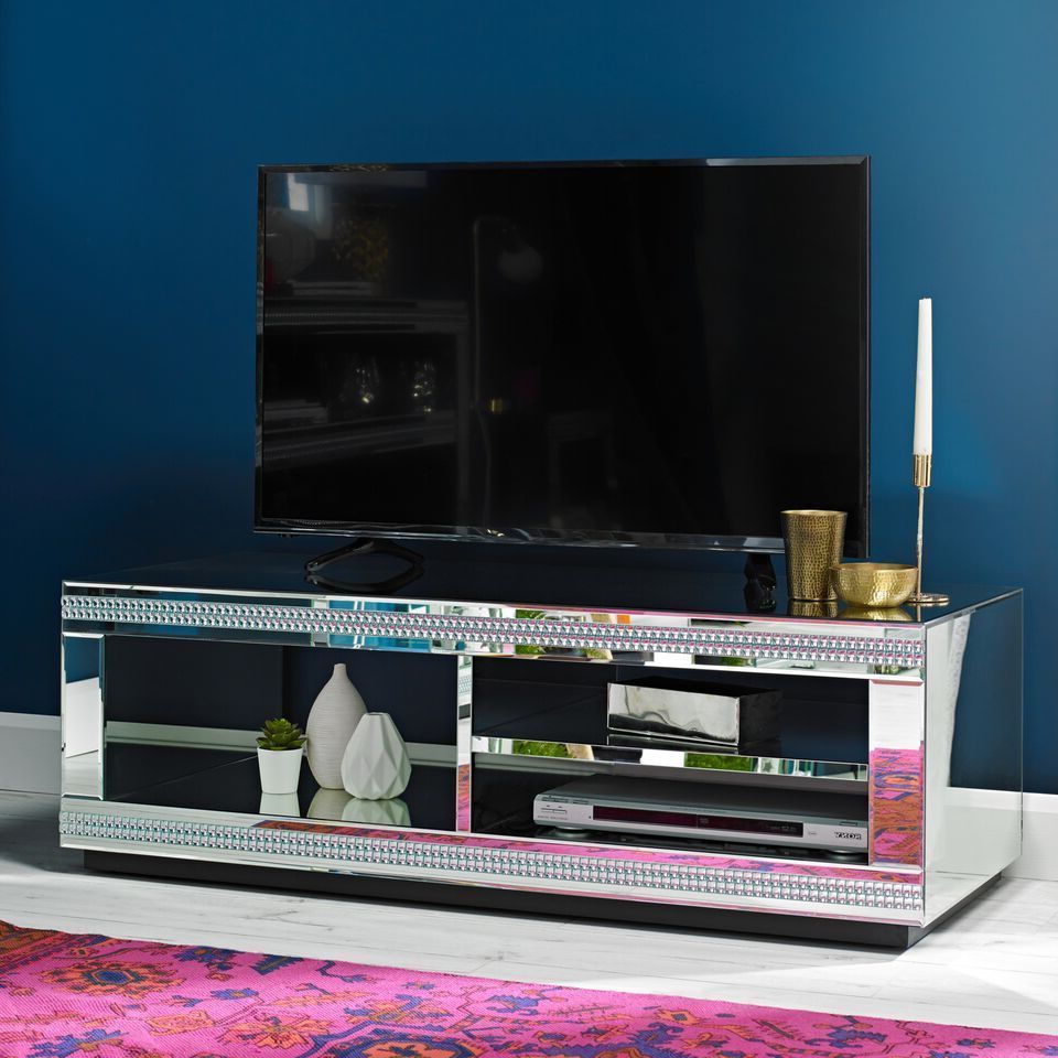 Crystal Diamante Jewelled Mirrored Glass Tv Television With Loren Mirrored Wide Tv Unit Stands (View 8 of 20)
