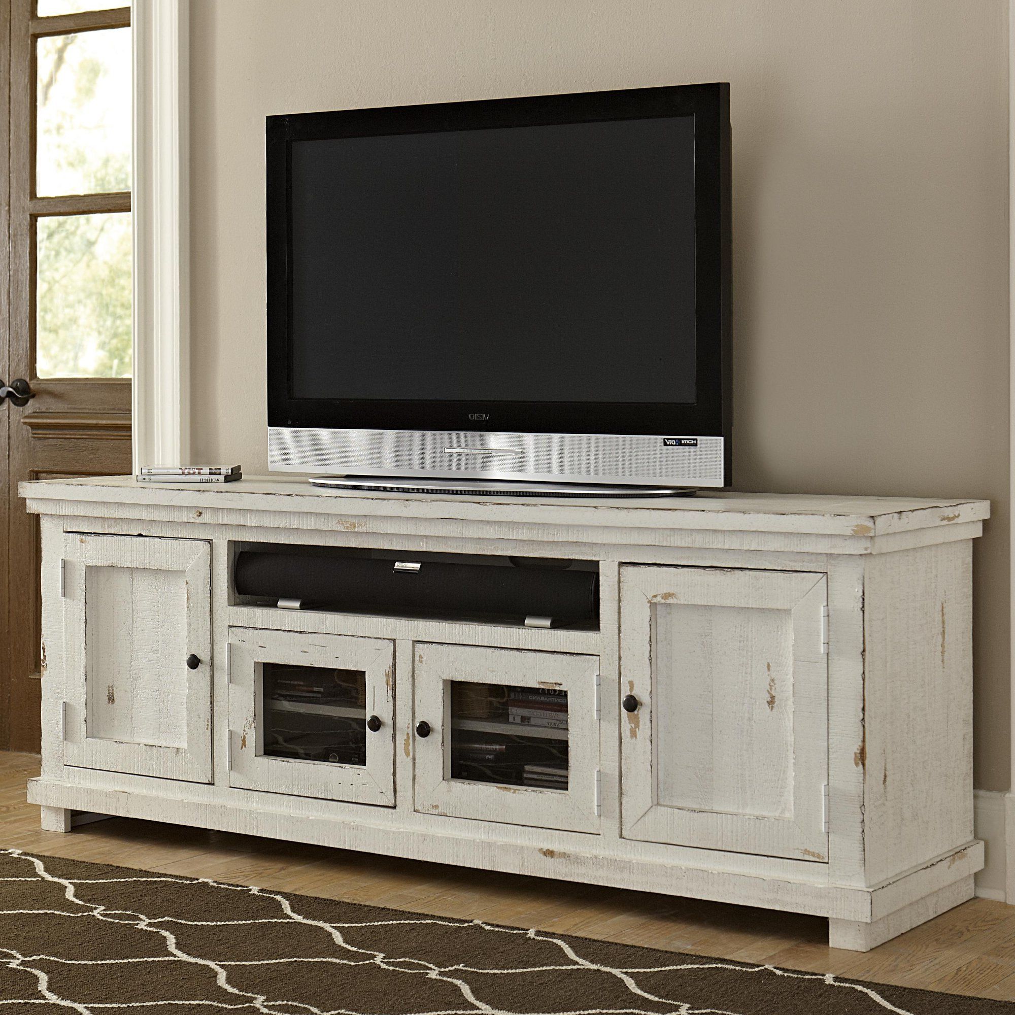 Distressed White 3 Piece Rustic Entertainment Center In Tv Stands With Table Storage Cabinet In Rustic Gray Wash (Gallery 13 of 20)