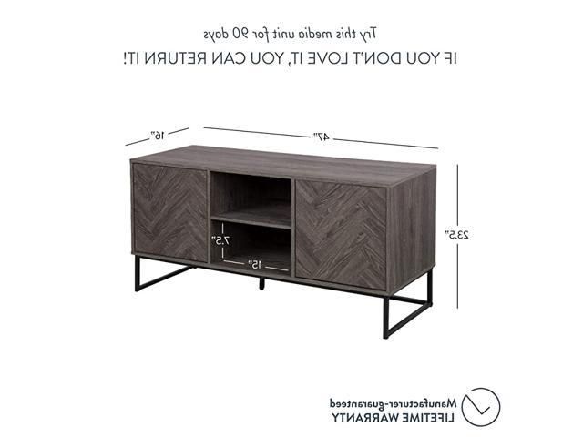 Dylan Media Console Cabinet Or Tv Stand With Doors For Regarding Media Console Cabinet Tv Stands With Hidden Storage Herringbone Pattern Wood Metal (View 3 of 20)