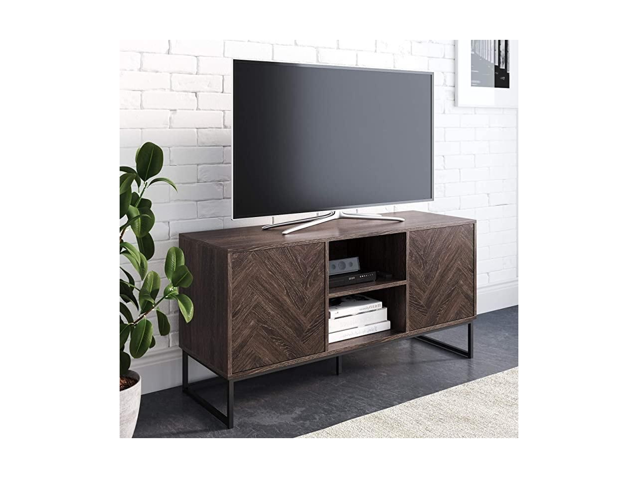 Dylan Media Console Cabinet Or Tv Stand With Doors For With Media Console Cabinet Tv Stands With Hidden Storage Herringbone Pattern Wood Metal (View 7 of 20)