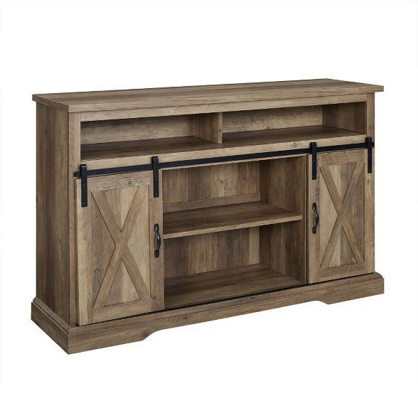 Farmhouse Sliding Barndoor Highboy Tv Stand For Tvs Up To Regarding Modern Farmhouse Style 58" Tv Stands With Sliding Barn Door (View 15 of 20)