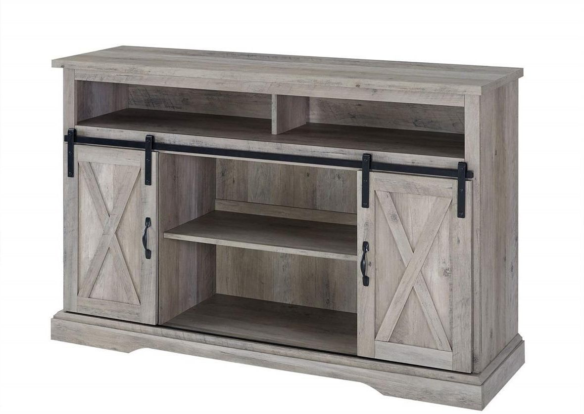 Farmhouse Sliding Door Stand For Tv's Up To 58"living Room Inside Jaxpety 58&quot; Farmhouse Sliding Barn Door Tv Stands In Rustic Gray (Gallery 20 of 20)