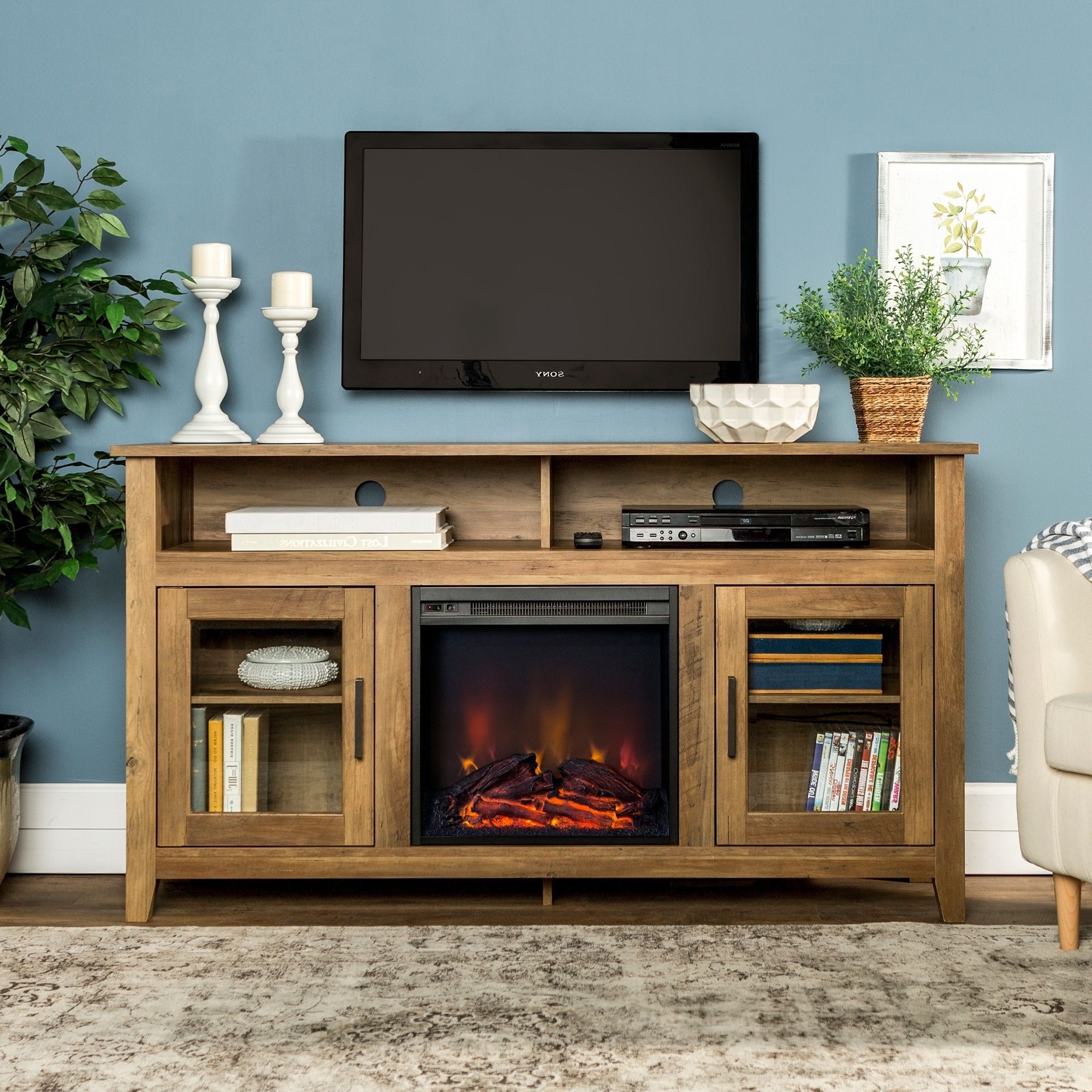 Fireplace Tv Stand Oak | Omeublog Secreto Intended For Modern Farmhouse Fireplace Credenza Tv Stands Rustic Gray Finish (Gallery 2 of 20)