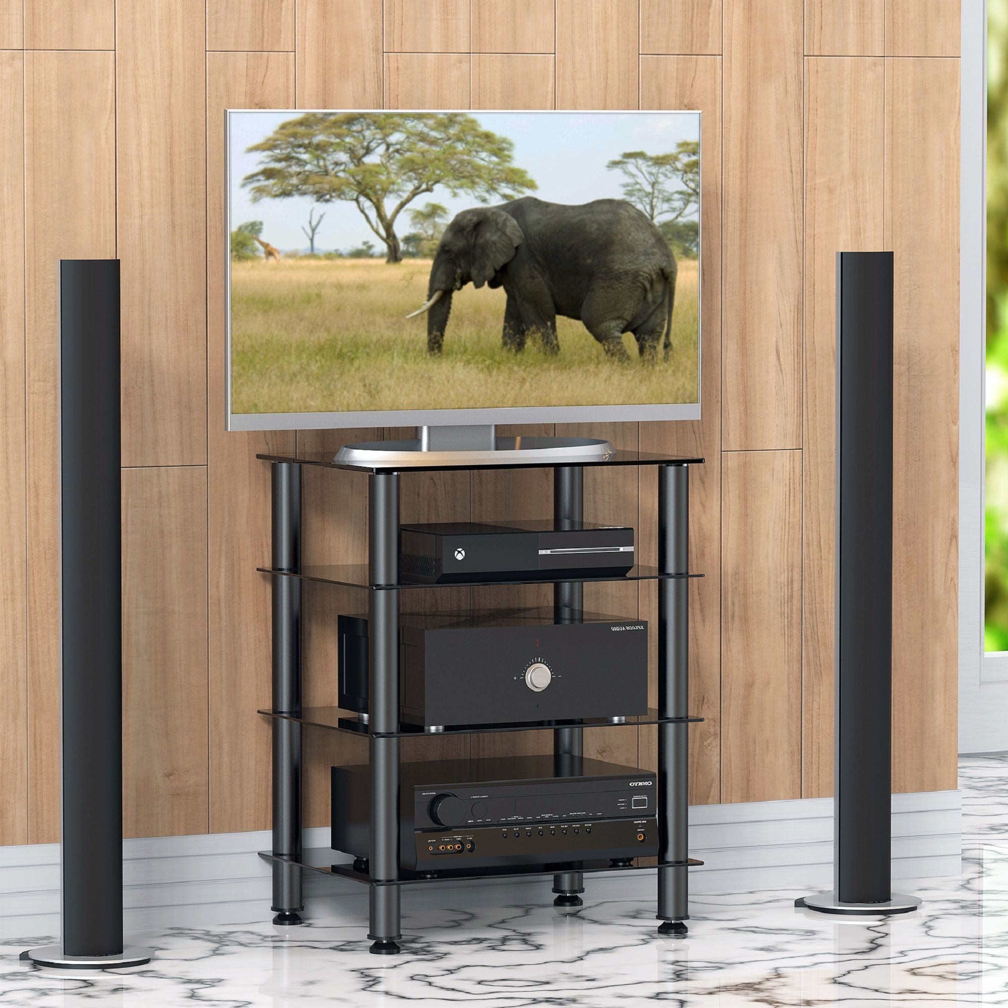 Fitueyes Media Stand Audio/video Component Cabinet With Within Glass Shelf With Tv Stands (Gallery 19 of 20)