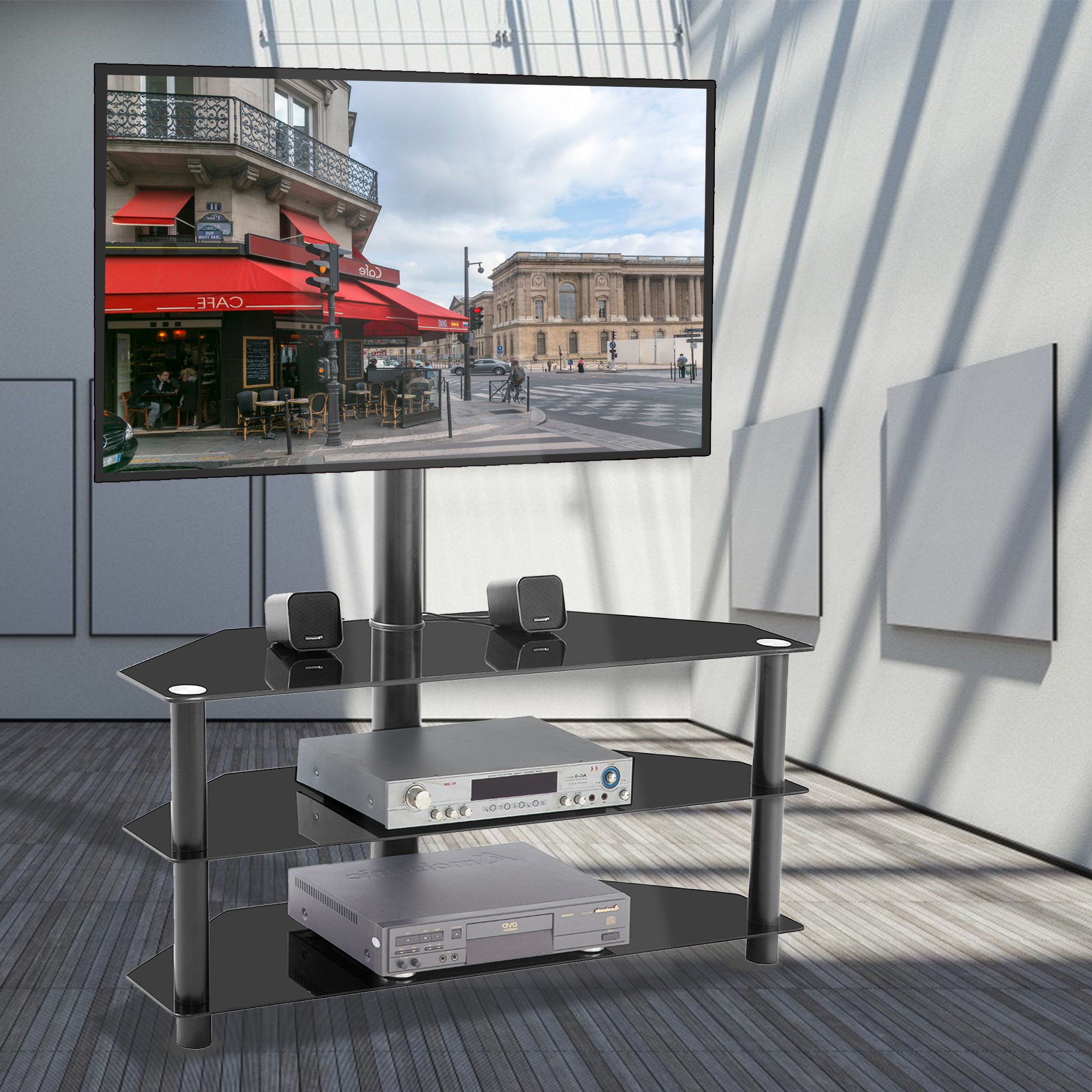 Floor Corner Tv Stand With Swivel Mount, Universal Swivel For Rfiver Modern Black Floor Tv Stands (View 14 of 20)