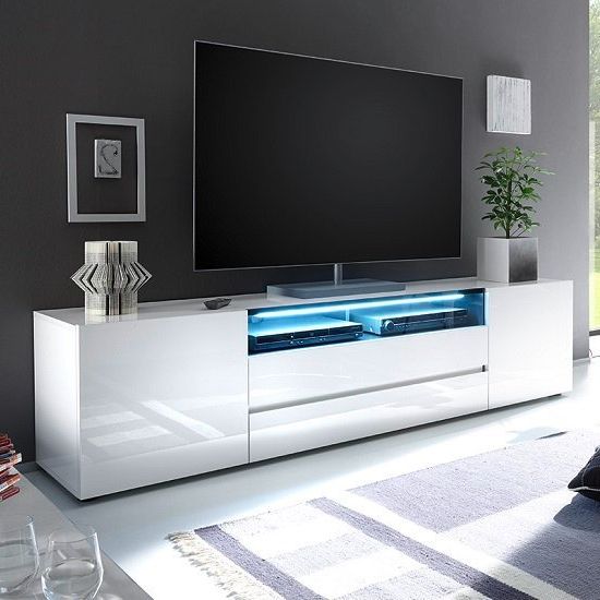 Genie Wide Tv Stand In High Gloss White With Led Lighting In Carbon Wide Tv Stands (Gallery 18 of 20)