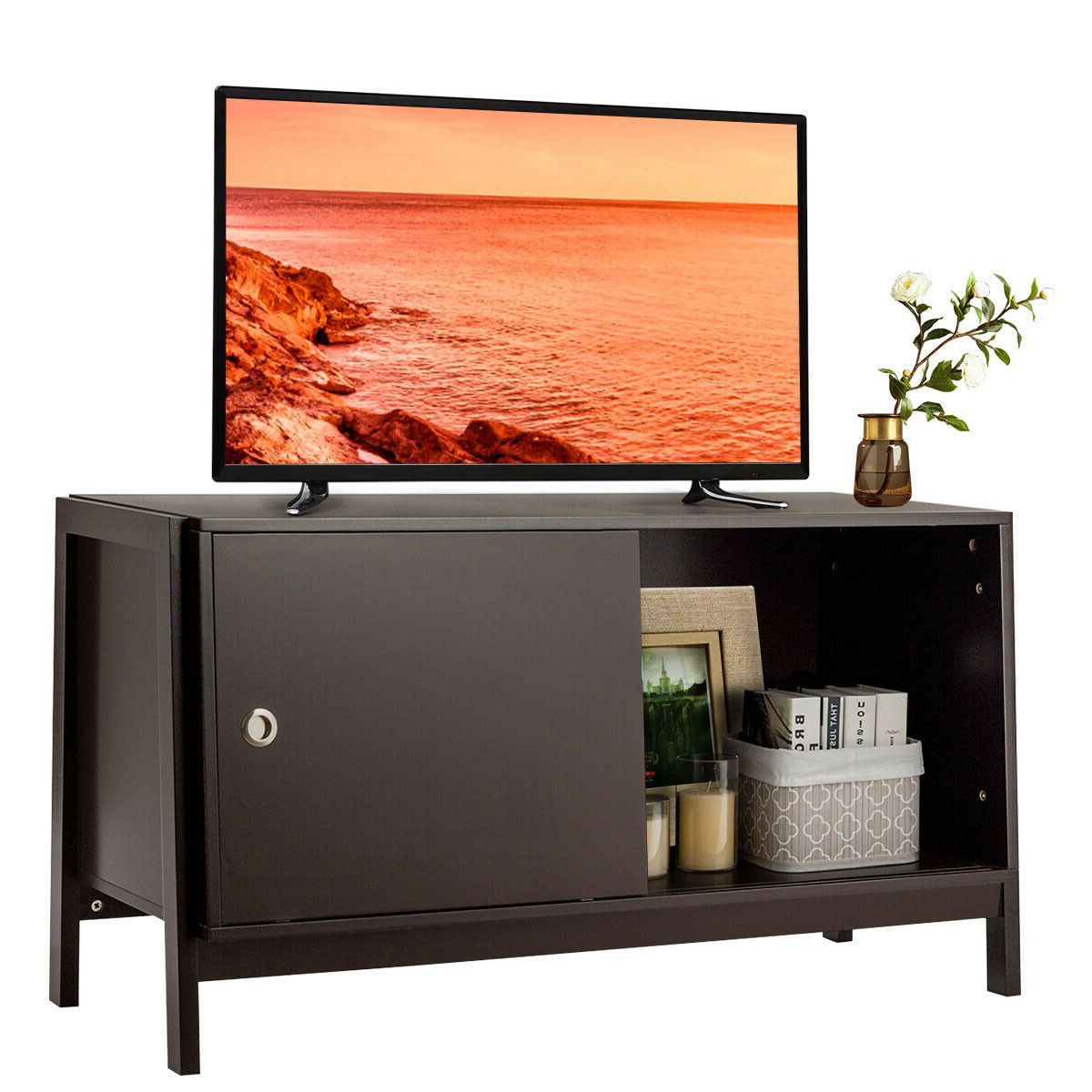 Gymax Tv Stand Modern Entertainment Cabinet For Tv's Up To Pertaining To Modern Sliding Door Tv Stands (Gallery 3 of 20)