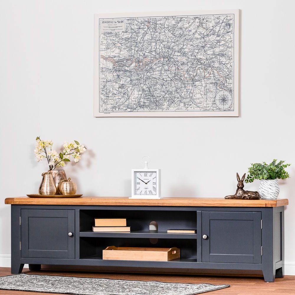 Hampshire Blue Painted Oak Extra Large Tv Unit | Large Tv Within Bromley Blue Wide Tv Stands (View 5 of 20)