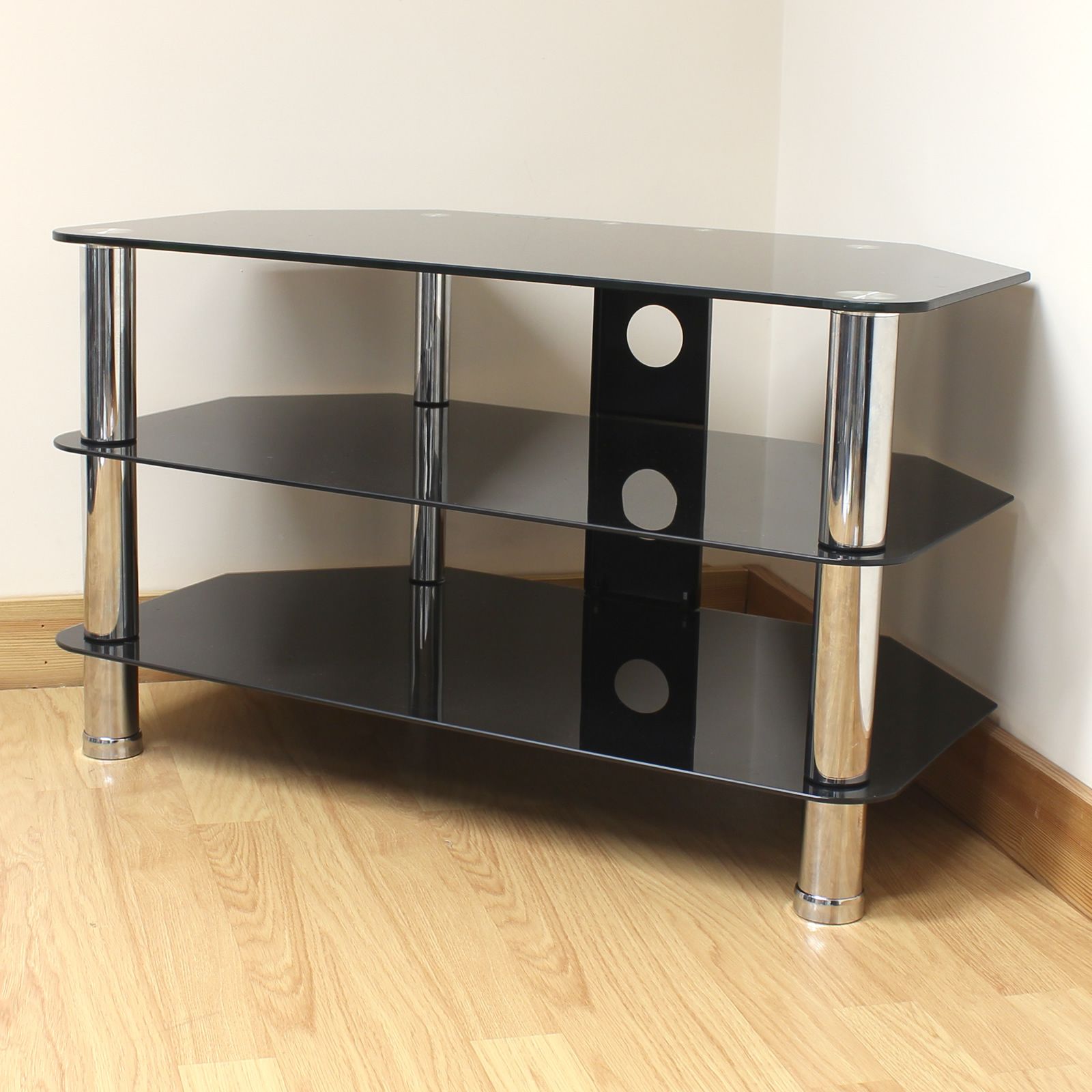 Hartleys Black Glass 3 Tier Corner Led/lcd/plasma Tv Stand With Glass Shelves Tv Stands For Tvs Up To 50" (View 9 of 20)