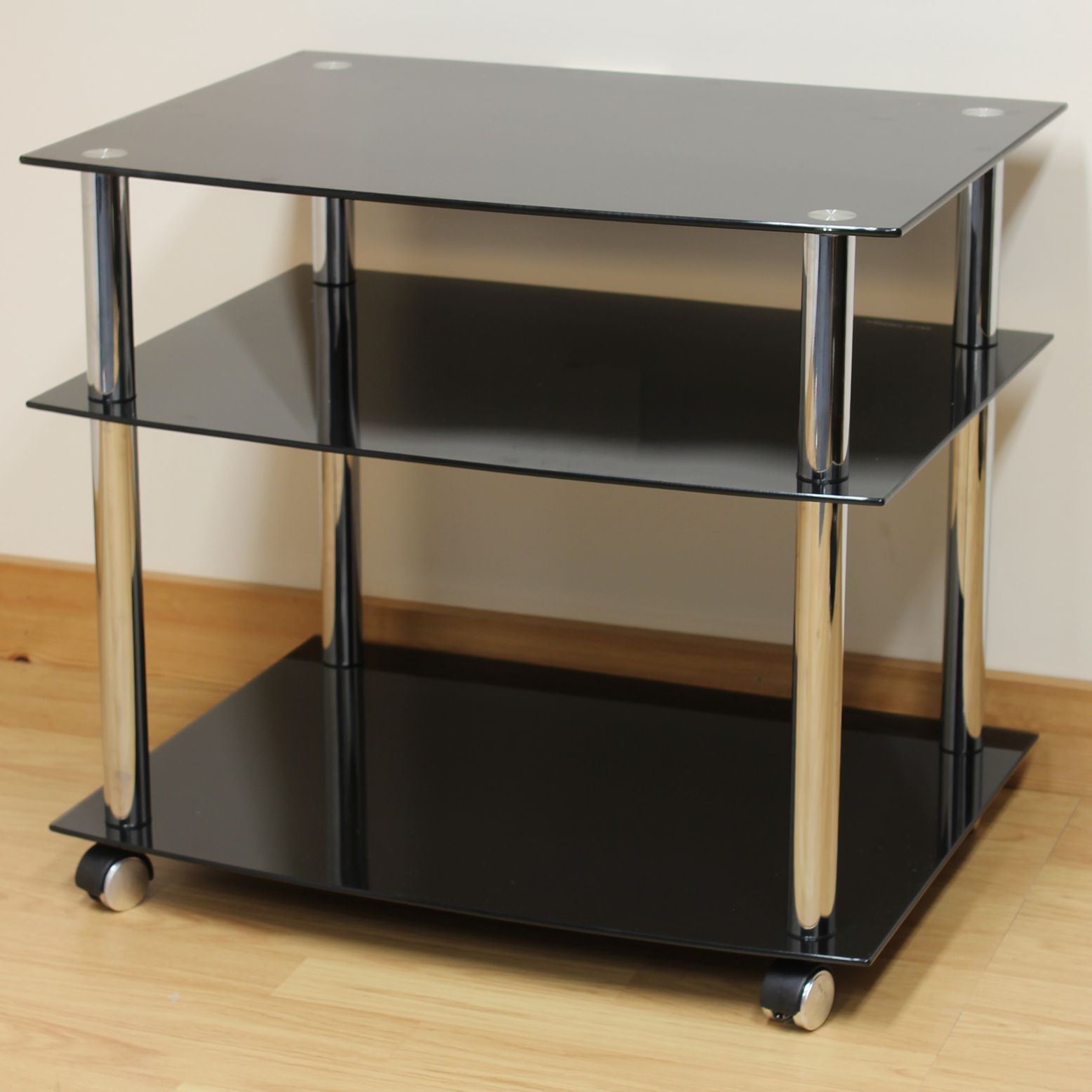 Hartleys Chrome & Black Glass 3 Shelf Tv Stand/trolley With Regard To Modern Black Tv Stands On Wheels (Gallery 19 of 20)