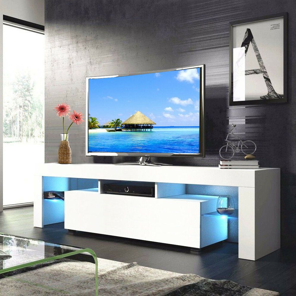 High Gloss White 63'' Tv Stand Unit Cabinet With Led Light With 47" Tv Stands High Gloss Tv Cabinet With 2 Drawers (Gallery 7 of 20)
