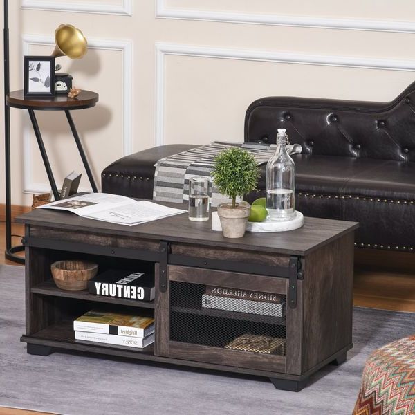 Homcom Farmhouse Coffee Table With Sliding Mesh Barn Door With Tv Stands With Table Storage Cabinet In Rustic Gray Wash (Gallery 9 of 20)